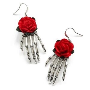 Silver Skeleton Rose Hand Halloween Earrings